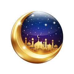 Golden Crescent Moon with Mosque Silhouette on a Night Sky