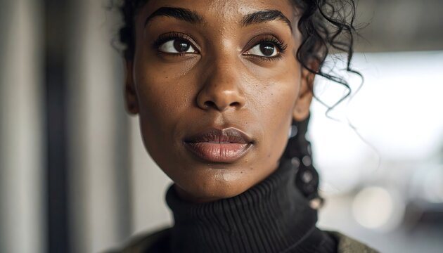 Retrato de mujer afrodescendiente con expresi&oacute;n serena en interior, concepto de identidad, fortaleza y belleza natural