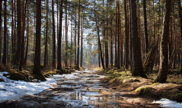 A forest path is muddy and wet