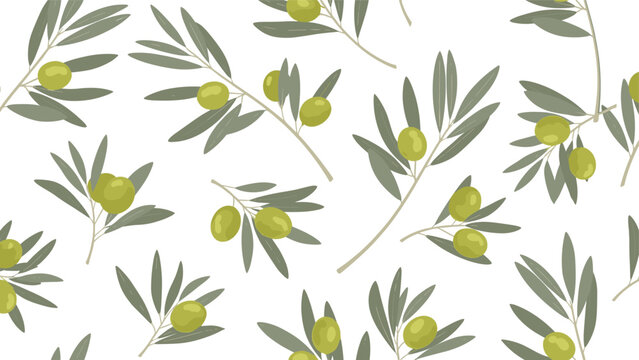 Elegant seamless pattern featuring green olive branches with ripe olives and silvery leaves on a clean white background for textiles.