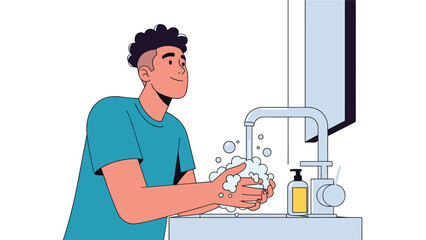 Young man diligently washing his hands with soap under a running faucet at the bathroom sink to maintain personal hygiene and health.
