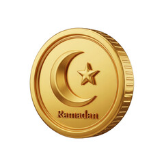 Golden Ramadan Coin with Crescent and Star on Transparent Background
