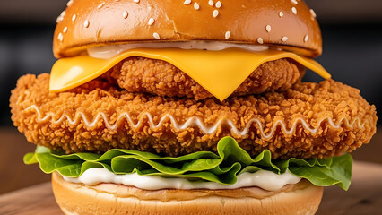 Juicy fried chicken burger with melted cheese and crisp lettuce, a fast food delight.