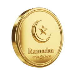 Golden Ramadan Coin with Crescent Moon and Star on Transparent