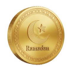 Golden Ramadan Coin with Crescent and Star on Transparent Background
