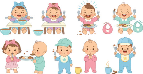 Fototapeta premium Cute baby eating food with spoon and bowl, happy infant mealtime and feeding moments, healthy nutrition and baby care concept, colorful flat vector illustration set