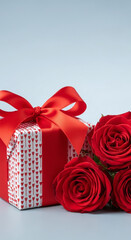 Beautiful Red Roses Bouquet Next to a White Gift Box Wrapped with Red Heart Pattern Ribbon for a Special Romantic Valentine's Day Present
