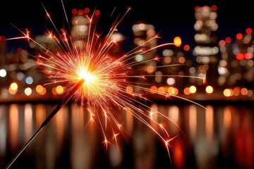 Obraz premium Close-up of a bright sparkler sparks over a night city skyline with warm, festive glow