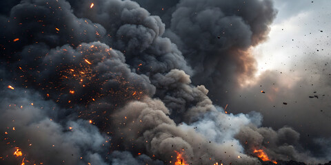 tactical explosion generates towering dark smoke plumes above intense orange fireballs with glowing sparks