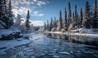 Obraz premium A frozen river with trees in the background