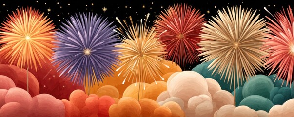 Obraz premium Colorful fireworks burst across a night sky above vibrant clouds, creating a festive celebration scene