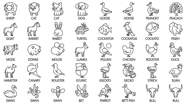 Cartoon Animal Grid: Domestic, Wild, Aquatic Creatures with Playful Misspellings, Labeled Icons, Black and White, Educational and Humorous Illustration