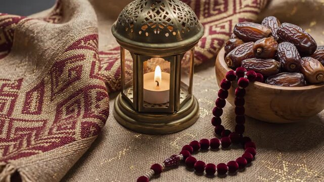 A serene Ramadan scene featuring a lantern, dates, and prayer beads on a patterned fabric