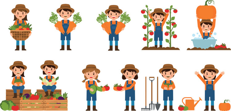 Cute boy farmer harvesting vegetables, happy child gardening and farming activities, organic agriculture and healthy food concept, colorful flat vector illustration set