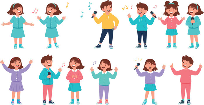 Cute children singing and dancing with microphones, happy kids music performance and joyful activity scenes, school concert and entertainment concept, colorful flat vector illustration set