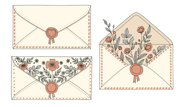 Collection of vintage style envelopes decorated with flowers, leaves, and wax seals with heart motifs on a white background.