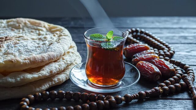 A serene Ramadan scene featuring a steaming tea cup surrounded by dates, pita bread, and prayer beads on a wooden table