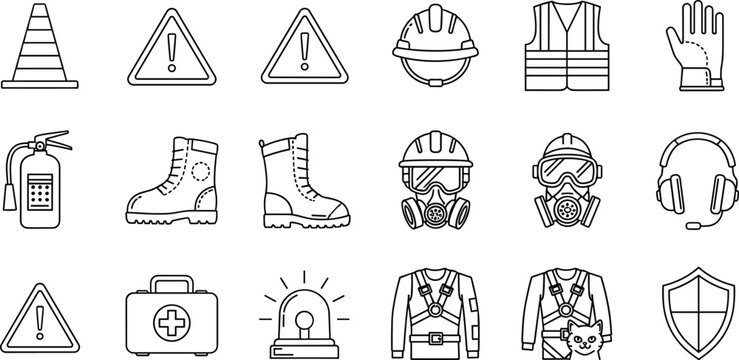 Essential workplace safety and protective equipment icons including PPE, emergency gear, warning signs, and hazard prevention symbols