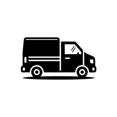 Minimalist black and white vector delivery truck illustration with cargo box for logistics, shipping, and e-commerce designs