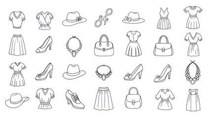 Fashion Line Art Collection: Dresses, Hats, Shoes, Bags, and Jewelry - White Background