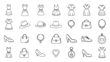 Fashionable Clothing and Accessories Icons Set: Dresses, Hats, Shoes, Bags, Jewelry