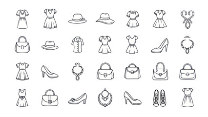 Fototapeta premium Fashionable Icons: Dresses, Hats, Shoes, and Bags - Hand-Drawn Style