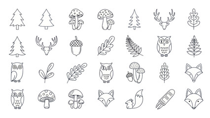 Forest Icons Set: Hand-drawn Trees, Animals, Mushrooms, Acorns, Leaves © Laila