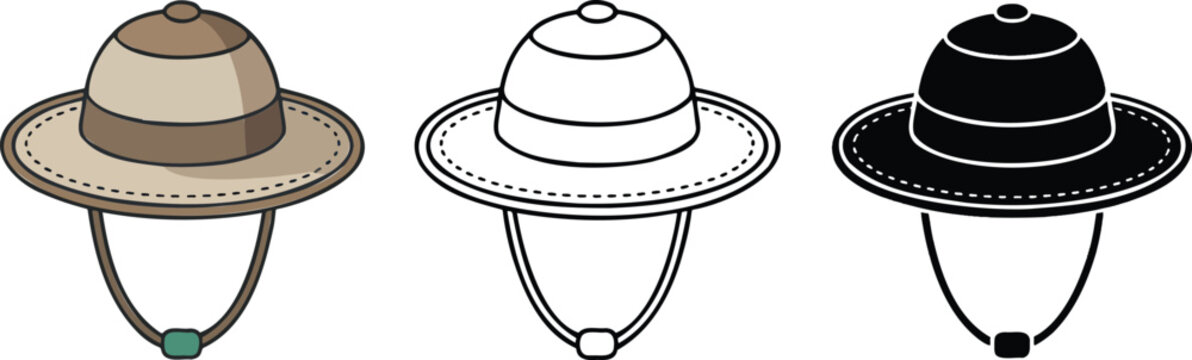 Safari hat silhouette & Outline and illustration set isolated on transparent background