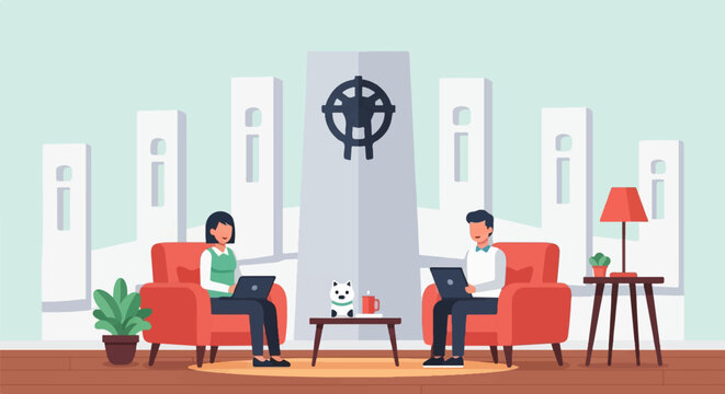 Two people work on laptops in a modern lobby with decorative pillars