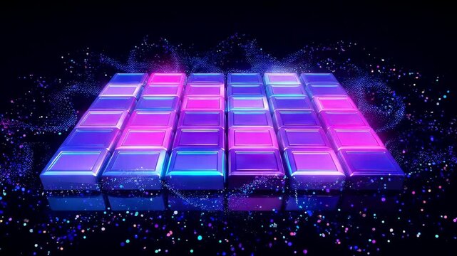 Glowing neon-lit rectangular blocks arranged in grid pattern on dark background with colorful specks