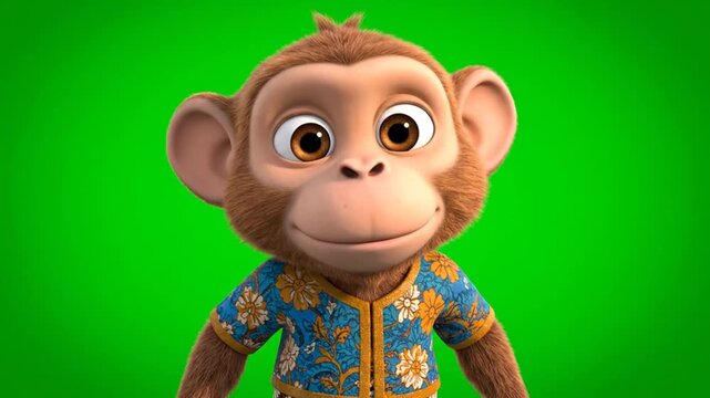 A cartoon monkey wearing a blue and gold patterned shirt stands against a green backdrop, viewed from the front with a friendly expression.