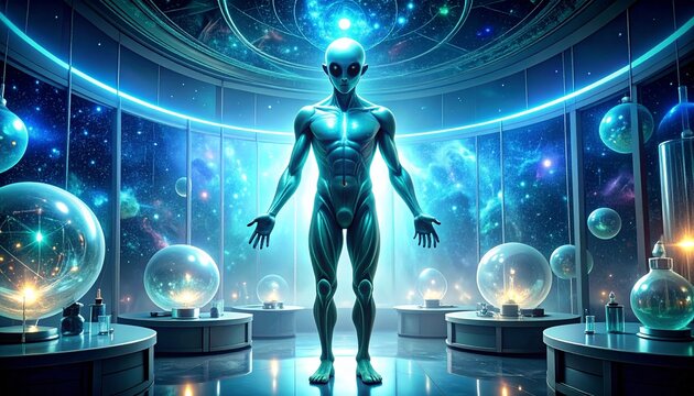 Mysterious alien entity stands amidst advanced cosmic research facility, surrounded by glowing spheres and celestial wonders
