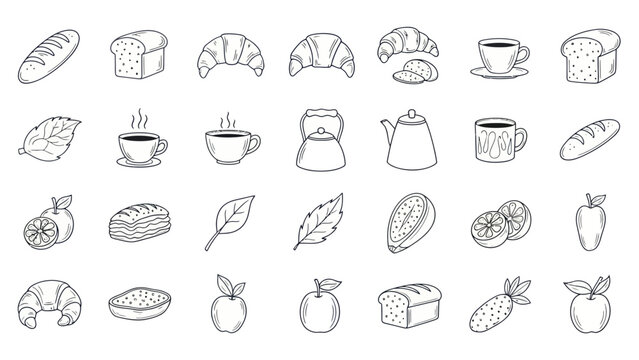 Doodle Breakfast Food Icons: Croissants, Coffee, Bread, Fruits, Vegetables - Hand Drawn