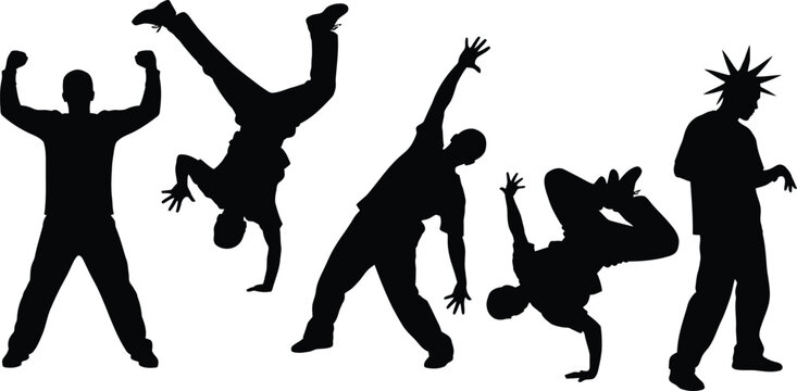 Silhouettes of six people dancing and performing breakdancing moves on white background with dynamic poses
