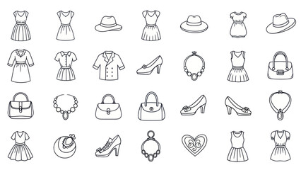 Obraz premium Fashion Icons Collection: Dresses, Hats, Shoes, Bags & Jewelry - Line Art Set