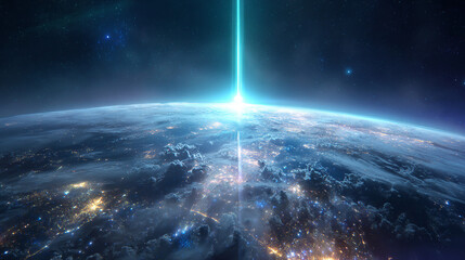 vertical Laser Data Beam Connecting Earth City to Satellite in Space
Global Connectivity Concept: 6G Internet, Satellite Telecommunications and Speed