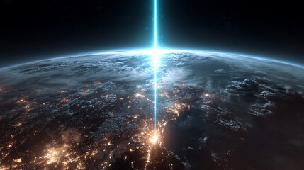vertical Laser Data Beam Connecting Earth City to Satellite in Space
Global Connectivity Concept: 6G Internet, Satellite Telecommunications and Speed