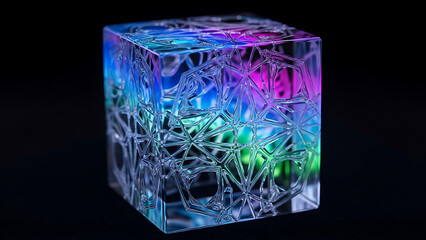 Abstract geometric cube with vibrant colorful lights and intricate crystalline texture, isolated on black background, futuristic concept.