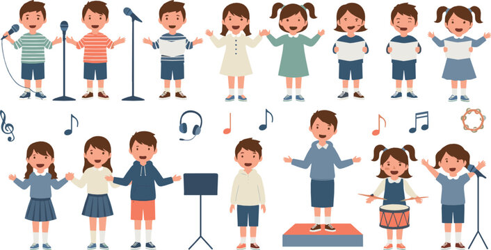 Cute children singing together with microphones, happy kids choir and music performance activities, school concert and talent show concept, colorful flat vector illustration set