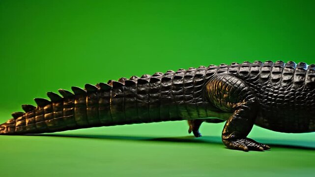 A detailed side view of a black alligator against a vibrant green background
