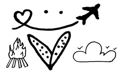 Camping and travel themed doodle art with campfire airplane trail and fluffy cloud shapes © Pure Pixels (PNG)
