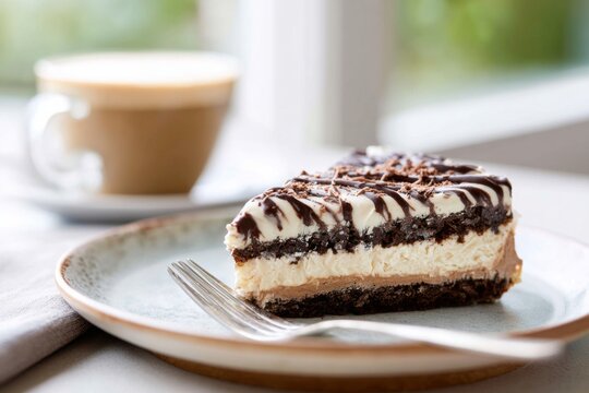 Close up photo of a slice of chocotorta on a ceramic plate with a fork beside it and a cup of coffee in the background, natural light illuminating the scene