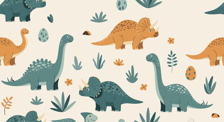 Naklejka premium A charming seamless pattern with cute hand-drawn style dinosaurs like Triceratops and Brontosaurus in a natural setting.