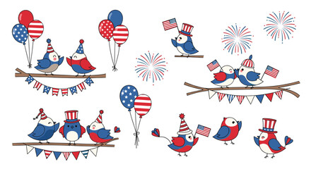 Festive 4th of July collection with cute patriotic birds in red, white, and blue, celebrating with American flags, balloons, fireworks, and party hats.