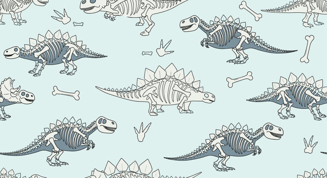 Seamless pattern for children featuring cute and friendly cartoon dinosaur skeletons, bones, and fossils on a pleasant light blue background vector illustration.