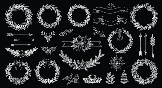 Extensive collection of vintage white chalk-style Christmas design elements on a blackboard, featuring wreaths, holly, deer, birds, and decorative ribbons.