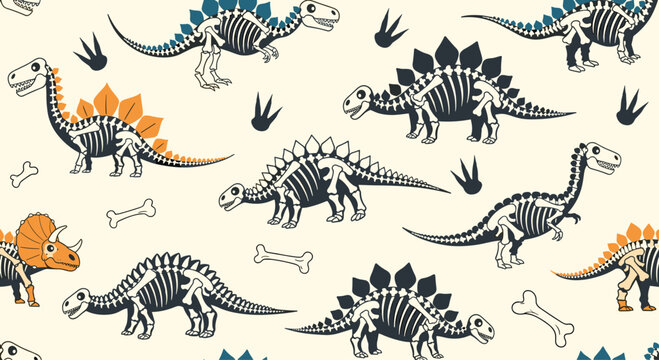 Fun seamless pattern for kids featuring cartoon dinosaur skeletons, bones, and footprints on a light beige background, ideal for museum or educational themes.