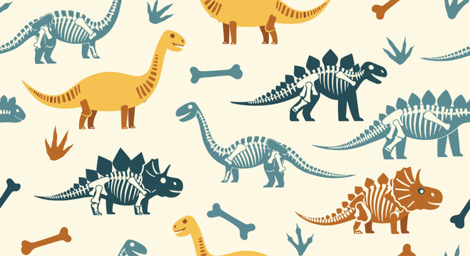 Kids seamless pattern with a mix of colorful dinosaurs and their skeletons, along with bones and footprints on a light, neutral-colored background.