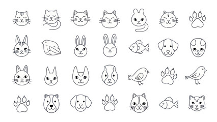 Cute Hand-Drawn Cartoon Animal Icons: Cats, Dogs, Rabbits, Birds & Fish