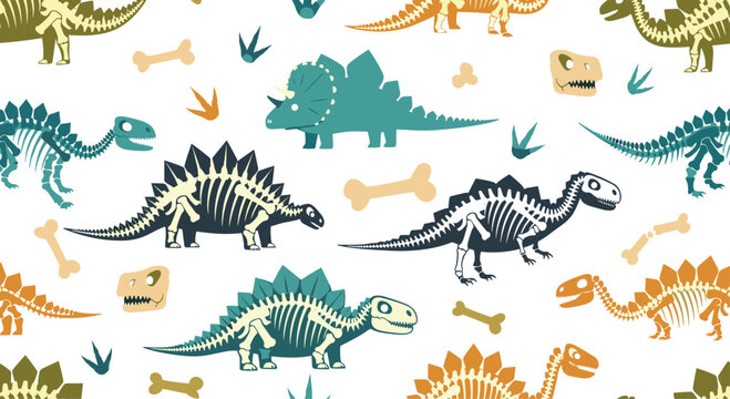 A fun seamless pattern for kids featuring colorful solid dinosaurs mixed with their skeletons, along with bones, skulls, and footprints on white.